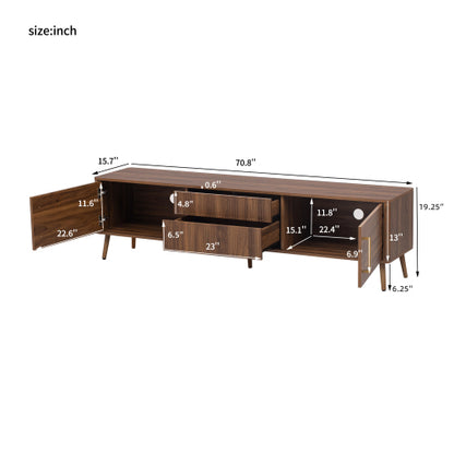 70.8 Inch Walnut Mid-Century Wood Grain TV Stand 2 Drawer Media Console Up To 80 Inch TV