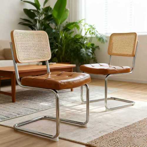 Set of 2 Brown Faux Leather Rattan Breuer Dining Chairs, Chrome Cantilever Legs, Mid Century Side Chairs for Dining & Living Room