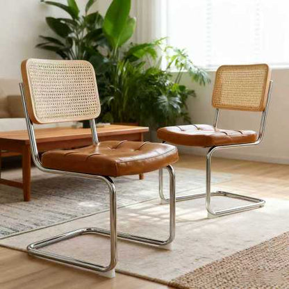 Set of 2 Brown Faux Leather Rattan Breuer Dining Chairs, Chrome Cantilever Legs, Mid Century Side Chairs for Dining & Living Room