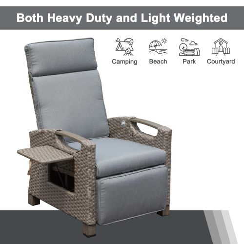Outdoor Recliner Chair, Patio Recliner with Hand-Woven Wicker, Flip Table Push Back, Adjustable Angle, Thickness Cushions, Reclining Lounge Chair for Indoor and Outdoor, Gray