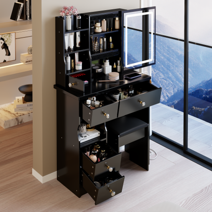 29.2" Small Size Drawer Desktop Vanity Table + Cushioned Stool, 2 AC+2 USB Power Station, Hair dryer bracket, Extra Large Touch Control Sliding LED Mirror, 3-color Switching, EPA, GCC, UL Certificate