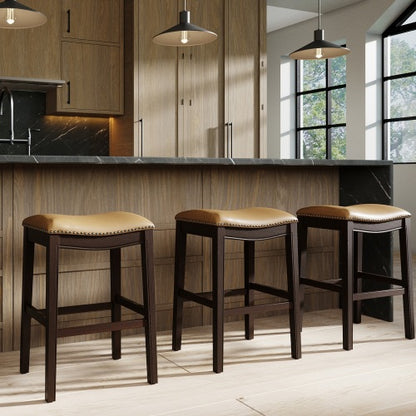31in. H Bar-Height Wood Barstool with Tan Faux-Leather Seat, 1PC