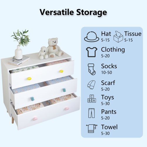 Kids 3 Drawer Dresser, Baby Nightstand Storage Cabinet, White Nursery Chest with Cartoon Pulls for Toddler Bedroom