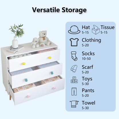Kids 3 Drawer Dresser, Baby Nightstand Storage Cabinet, White Nursery Chest with Cartoon Pulls for Toddler Bedroom