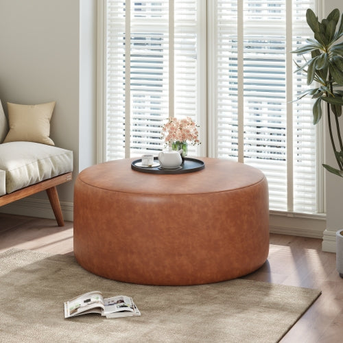 30 Inch Cognac Brown PU Leather Round Ottoman, Upholstered Modular Foot Stool with Pocket Coil Spring Support