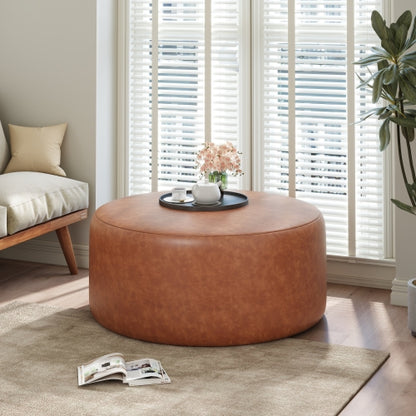 30 Inch Cognac Brown PU Leather Round Ottoman, Upholstered Modular Foot Stool with Pocket Coil Spring Support