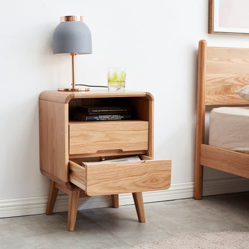 Solid Oak Nightstand, Nordic Style Open Compartment Bedside Table with Cable Hole & Rounded Edge