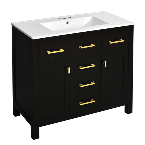 36'' Bathroom Vanity with Ceramic Sink Combo Set,Modern Freestanding Single Bathroom Cabinet with 4 Drawers & 2 Cabinets,Storage Cabinet for Bathroom, Solid Wood Frame Vanity Set, Black