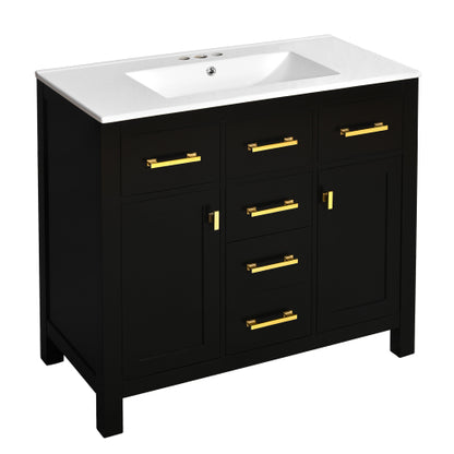 36'' Bathroom Vanity with Ceramic Sink Combo Set,Modern Freestanding Single Bathroom Cabinet with 4 Drawers & 2 Cabinets,Storage Cabinet for Bathroom, Solid Wood Frame Vanity Set, Black