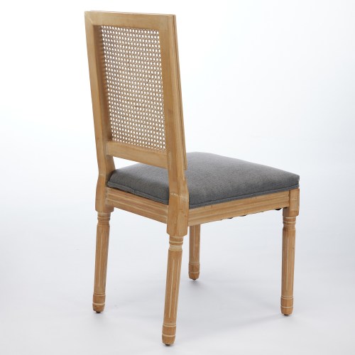 Set of 2 Gray French Louis Square Rattan Back Carved Solid Wood Dining Chairs, Antique Paint Frame 300 LBS Capacity