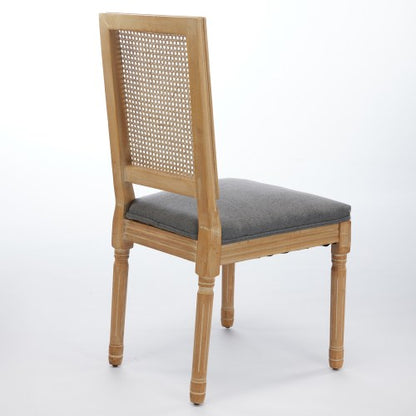Set of 2 Gray French Louis Square Rattan Back Carved Solid Wood Dining Chairs, Antique Paint Frame 300 LBS Capacity
