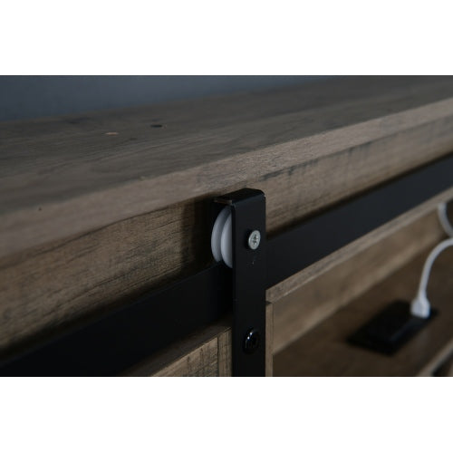 Farmhouse Bed Frame Queen Size with LED Lights and Charging Station, Wooden Queen Bed with 2 Storage Drawers, Rustic Headboard with Sliding Barn Door Storage Cabinets