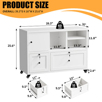 28inch  White Metal Filing Cabinet with Lock ¨C 2-Drawer Rolling File Cabinet