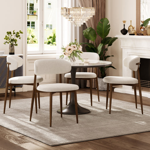 Set of 2 Metal Dining Chairs with Upholstered Seat, Woodgrain Frame, Beige Kitchen Chairs