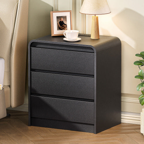 Black Smooth 3-Drawer Nightstand with USB Charging Station, Mid-Century Bedside Table