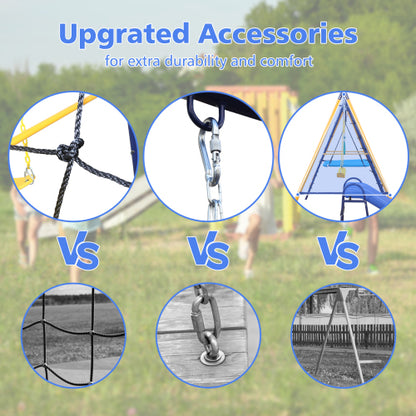 500 lbs 7 in 1 Swing Set for Kids Backyard Outdoor A-Frame Heavy-Duty Metal Swing Sets with Slide, 2 Swing Seats, 1 Climbing Net & Ladder, 1 Gym Ring, 1 Basket