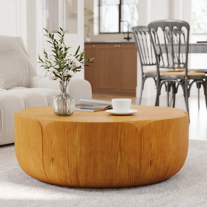35.63" Round Outdoor Indoor Coffee Table, Modern Wood Grain Drum Center Table, Sturdy MGO (Magnesium Oxide) Waterproof, No-Assembly Table for Patio, Garden, Backyard, Living Room (Wood Color)