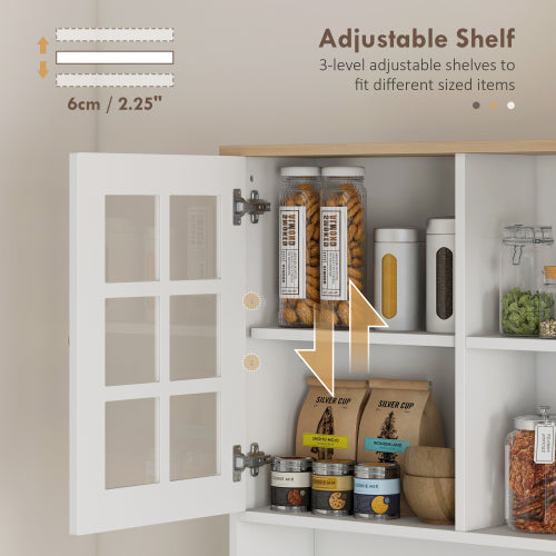 Kitchen Pantry Cabinet, 72 inch Freestanding Storage Cabinet with Hutch, Large Countertop, Glass Doors and Adjustable Shelves, Microwave Cabinet, Coffee Bar Cabinet for Dining Room, White