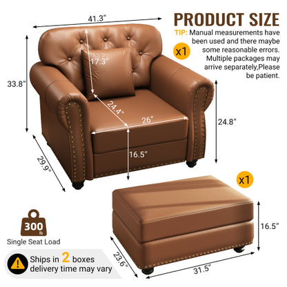 41.3 Inch Brown Mid-Century Faux-Leather Sofa Nailhead Trim Button Tufted with 1 Pillow