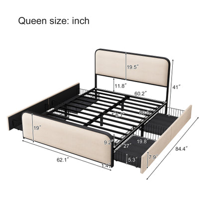 Modern Metal Bed Frame with Curved Upholstered Headboard and Footboard Bed with 4 Storage Drawers, Heavy Duty Metal Slats, Queen Size, Beige