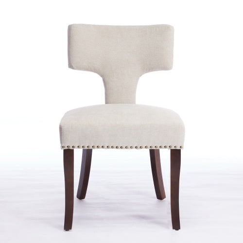 Curved Back Linen Upholstered Wood Dining Chairs, Set of 2, Beige