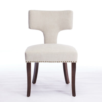 Curved Back Linen Upholstered Wood Dining Chairs, Set of 2, Beige