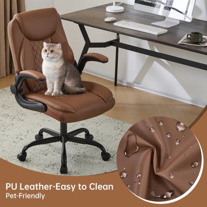 Leather Office Ergonomic Home Office Desk Chair, Back Support Swivel Executive Office Chair with Wheels and Flip-Up Armrests, Small Gaming Chair with Adjustable Rocking Function, Brown