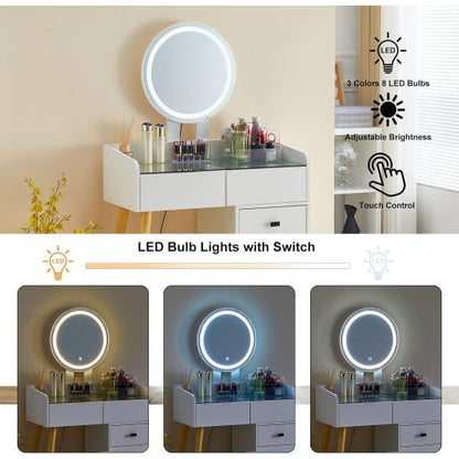 White LED Vanity Desk with Glass Top & Extendable Side Table, 5 Drawers, Mirror & Stool, Padded Leather Seat