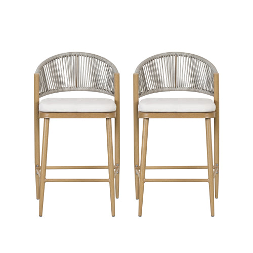 Outdoor 26" Seat Height Aluminum Frame Counter Stools with PE Rattan Scallop-shaped Backrest, Set of 2, Maple Finish
