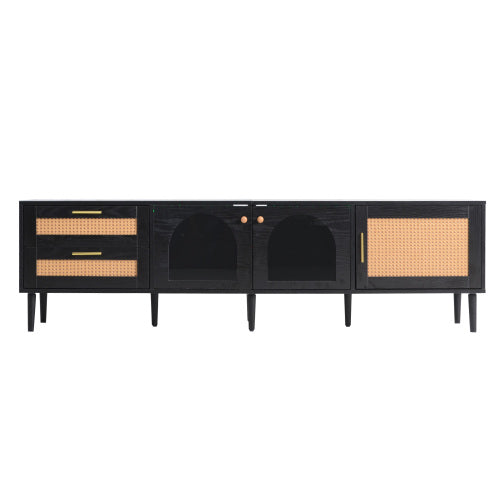 70.8 Inch Black Rattan LED TV Stand Solid Wood Leg Media Console Supports 80 Inch TV