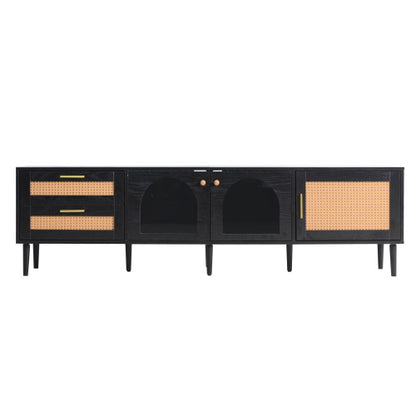 70.8 Inch Black Rattan LED TV Stand Solid Wood Leg Media Console Supports 80 Inch TV