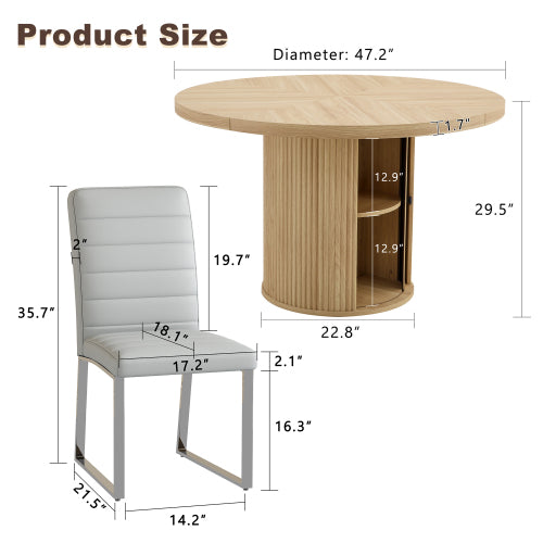 47.2 Inch Wood Grain Round Dining Table Set with Roman Column Base & Storage Shelf, Retro Brown 2-Piece Dining Set
