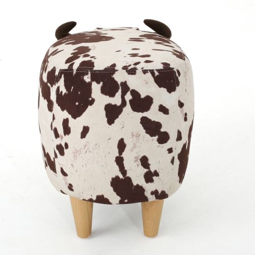 Brown & White Cow Shaped Animal Ottoman, Fabric Accent Footstool with Velvet Horns and Birch Wood Legs for Home Decor