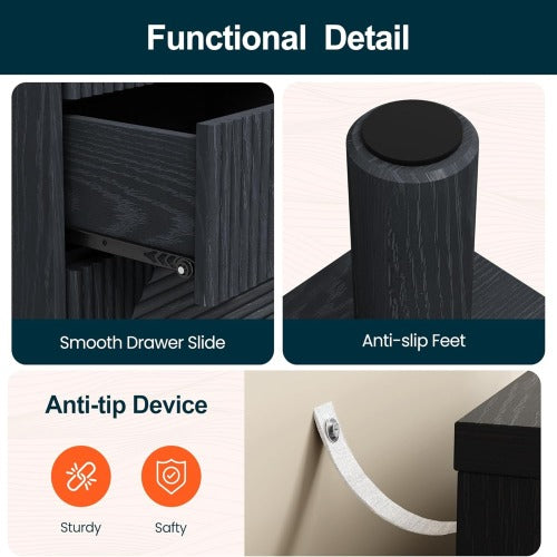 18.7inch Black Modern Nightstand, 3 Geometric Drawers with Gold Knobs & Solid Wood Legs