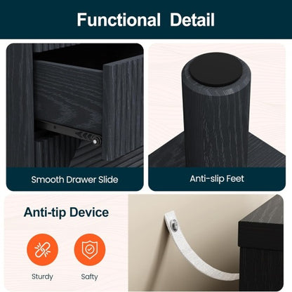 18.7inch Black Modern Nightstand, 3 Geometric Drawers with Gold Knobs & Solid Wood Legs