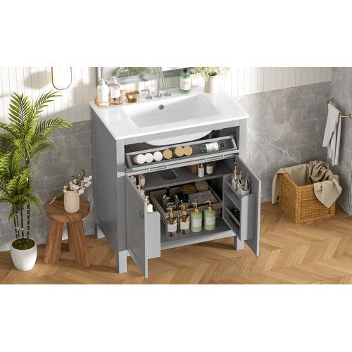30" Bathroom Vanity with Ceramic Sink, Modern Gray Single Bathroom Cabinet with 2 Doors and a Shelf, Soft Close Doors