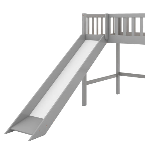 Twin Size Low Loft Bed with Ladder and Slide, Gray