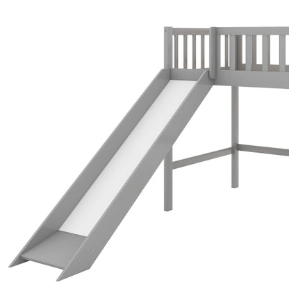 Twin Size Low Loft Bed with Ladder and Slide, Gray
