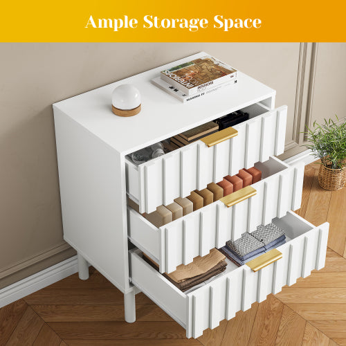 White 3-Drawer Fluted Dresser, P2 MDF, 23.6inch*14.2inch*26.8inchH
