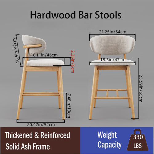 Solid Ash Wood Counter Stools with Upholstered Seats, Set of 2, Oak