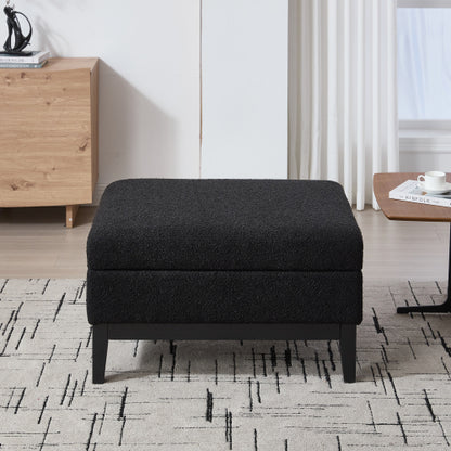33.86 inch Black Boucle Square Storage Ottoman, Reversible Tray Lid Rubberwood Leg Footstool, 300 LBS