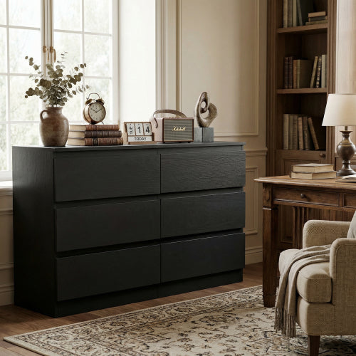 6 Drawer Black Dresser, Modern Bedroom Dresser with Spacious Countertop, Wood Storage Cabinet with Concealed Handles & 6 Deep Drawers for Bedroom, Living Room, Entryway, 15.7" D x 47.2" W x 30.9" H