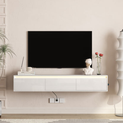 White Wall Mount High Gloss Floating TV Cabinet with Touch LED Light & Power Outlet