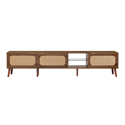 78.7 inch Walnut Rattan TV Stand Soft Close Doors Fits 75/80/85 Inch TV