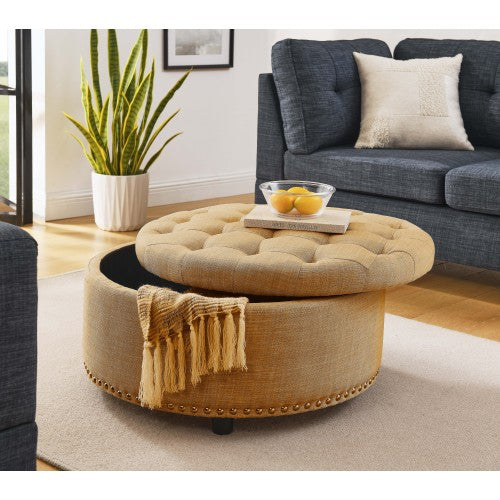 Linen Tufted Storage Ottoman with Nailhead Trim, Multiuse Footrest & Accent Stool for Bedroom Living Room Nursery