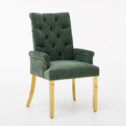 Tufted Chenille Dining Armchair with Nailhead Trim and Steel Legs, Olive Green
