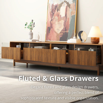 78.7 inch Walnut Fluted Glass Drawer TV Stand Solid Wood Leg Media Console Up To 85 inch TV