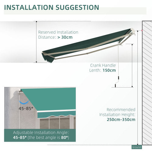 Outsunny 10' x 8' Retractable Awning, Patio Awnings, Sunshade Shelter w/ Manual Crank Handle, UV & Water-Resistant Fabric and Aluminum Frame for Deck, Balcony, Yard, Green