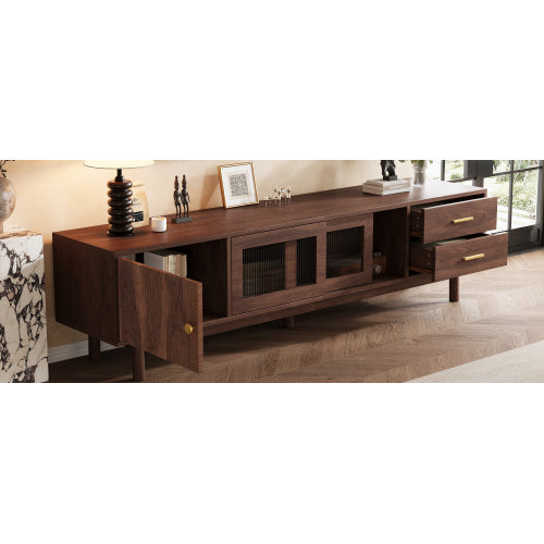 70.86 inch Dark Brown Mid Century Wave Glass Sliding Door TV Stand Pine Leg Console For 80 inch TV