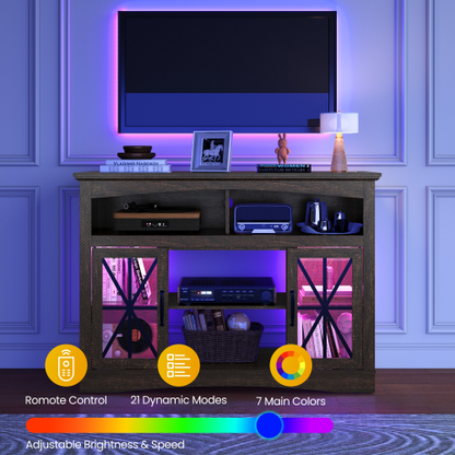 47 Inch Brown Farmhouse Retro TV Stand with Tempered Glass Doors, LED Lights & Adjustable Shelves